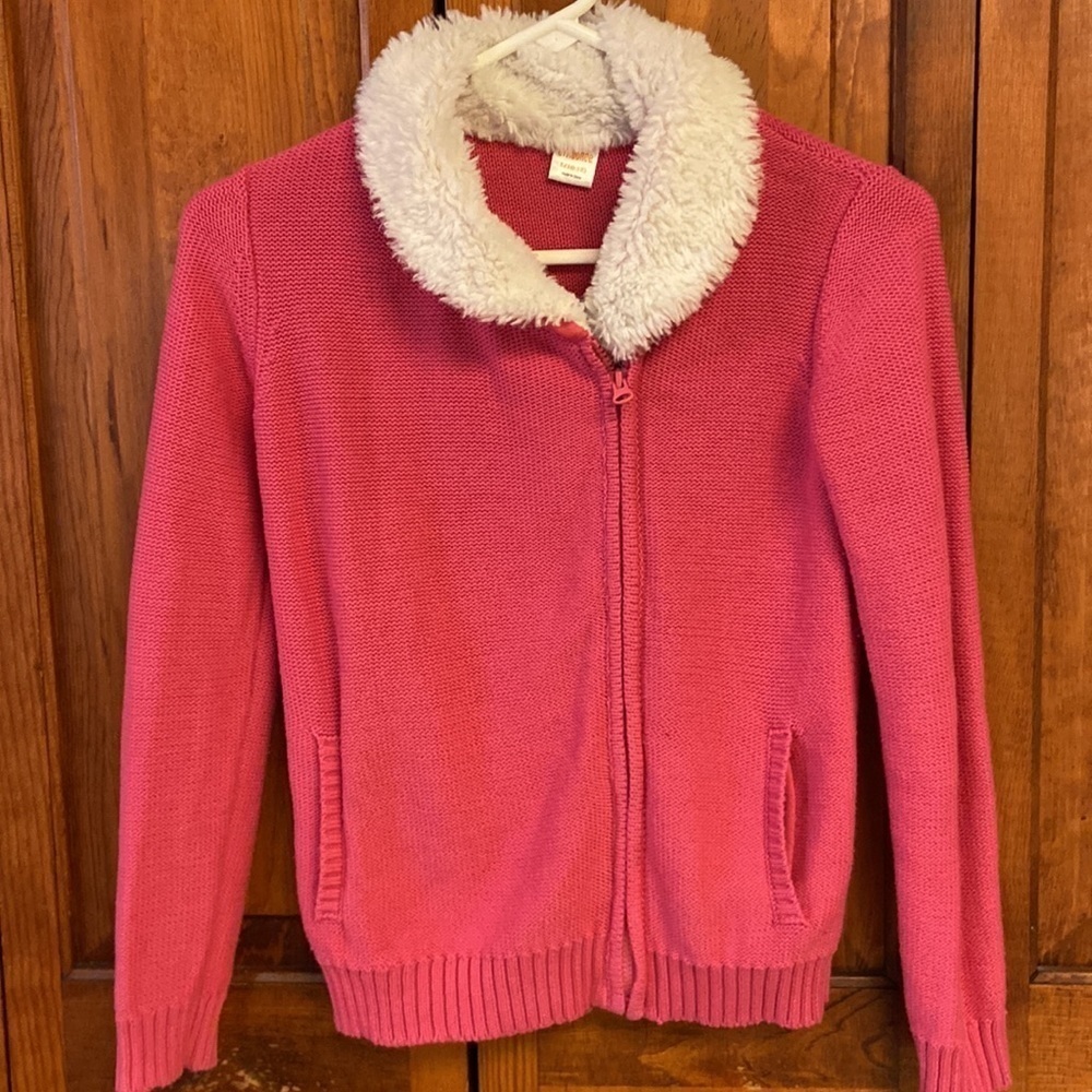 Gymboree Pink Full Front Zippered Sweater w/ Faux Fur Collar. Preowned Sz L